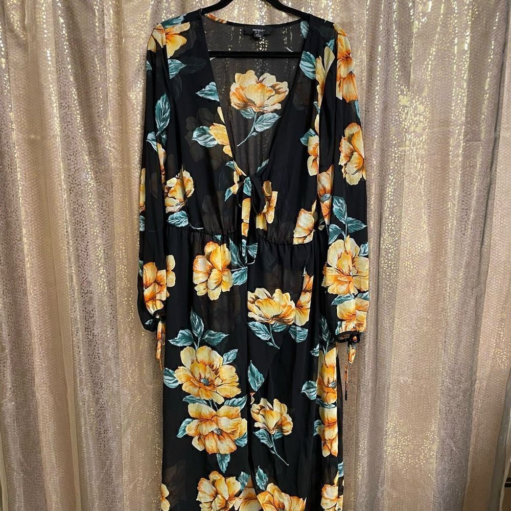 Forever 21 Plus Size Black Golden Yellow Floral Chiffon Maxi Dress 3X